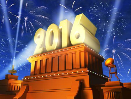 Creative abstract New Year 2016 celebration concept: shiny golden 2016 text on pedestal at night with fireworks in cinema styleの写真素材