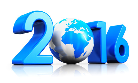 Creative abstract New Year 2016 beginning celebration concept with blue glossy Earth globe isolated on white background with reflection effectの写真素材