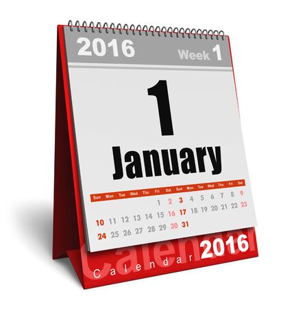 Creative abstract New Year 2016 beginning celebration business concept: red office desktop January 2016 month calendar isolated on white backgroundの写真素材