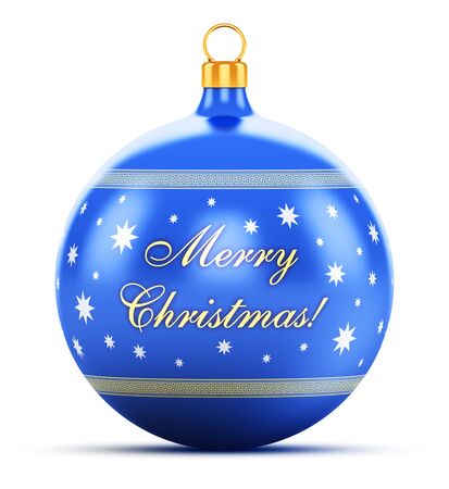 Creative abstract Xmas and New Year 2016 celebration concept: blue color shiny metallic glass Christmas ball with colorful star decoration ornament design and Merry Christmas greeting congratulation text isolated on white backgroundの写真素材