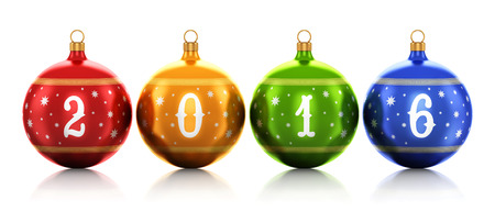 Creative abstract New Year 2016 and Xmas celebration concept: group of color shiny metallic glass Christmas balls with 2015 text numbers and colorful star decoration ornament design isolated on white background with reflection effectの写真素材