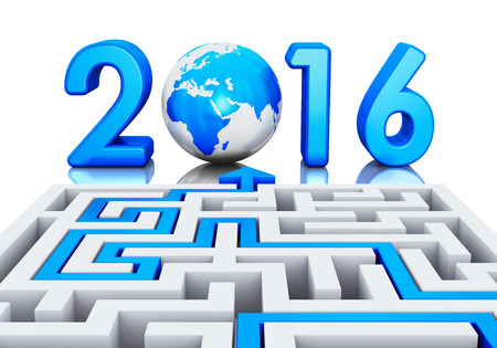 Creative abstract New Year 2016 business office communication concept: path across labyrinth to 2016 year with blue Earth globe isolated on white background with reflection effectの写真素材
