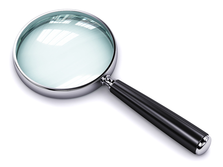 Creative abstract search, seek and find information business office technology internet concept: metal shiny magnifying glass or magnifier isolated on white backgroundの写真素材