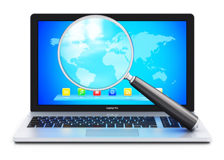 Creative abstract file search and internet web communication technology business concept: magnifying glass or magnifier zoom lens and metal laptop notebook computer PC isolated on white background with reflection effectの写真素材