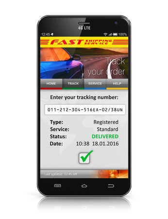 Creative abstract global logistics, worldwide shipping, delivery and online internet order parcel tracking technology business commercial concept: black glossy touchscreen smartphone with mail parcel tracking application on display screen isolated on whitの写真素材
