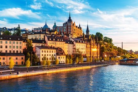 Scenic summer view of the Old Town pier architecture in Sodermalm district of Stockholm, Swedenの写真素材