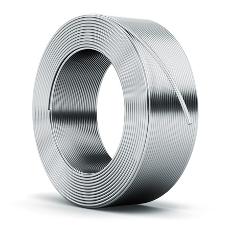 Creative abstract heavy metallurgical industry and industrial manufacturing business production concept: hunk of shiny metal stainless still, iron or aluminum electrical power wire cable isolated on white backgroundの写真素材