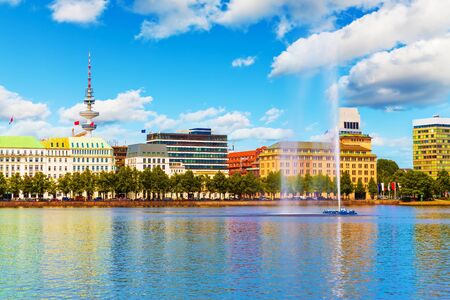 Scenic summer view of the Old Town architecture and pier of Alster lake and river in Hamburg, Germanyの写真素材