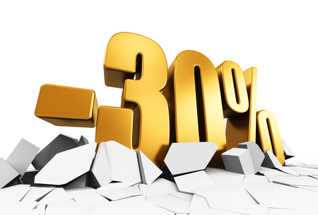 Creative abstract sale and discount business commercial advertisement concept: 3D render illustration of golden minus 30 percent price cut off text on cracked surface isolated on white backgroundの写真素材