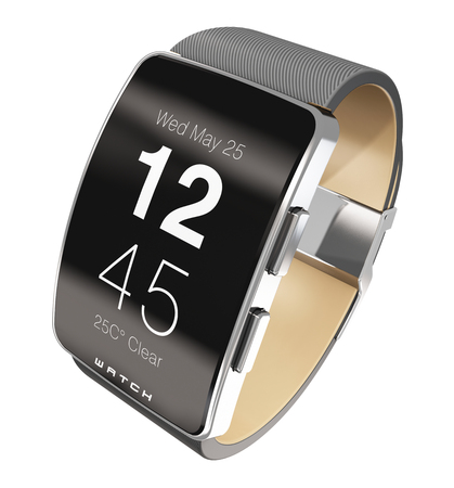 Creative abstract business mobility, healthcare, healthy lifestyle and modern mobile wearable device technology concept: 3D render illustration of digital smart watch, clock or fitness tracker with screen interface showing time isolated on white backgrounの写真素材