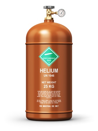 Creative abstract fuel industry manufacturing business concept: 3D render illustration of brown metal steel liquefied compressed natural helium gas container or cylinder with high pressure gauge meter and valve isolated on white backgroundの写真素材