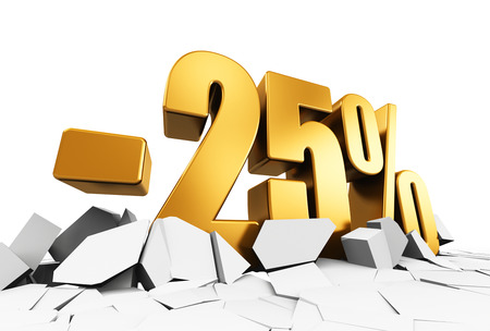Creative abstract sale and discount business commercial advertisement concept: 3D render illustration of golden minus 25 percent price cut off text on cracked surface isolated on white backgroundの写真素材