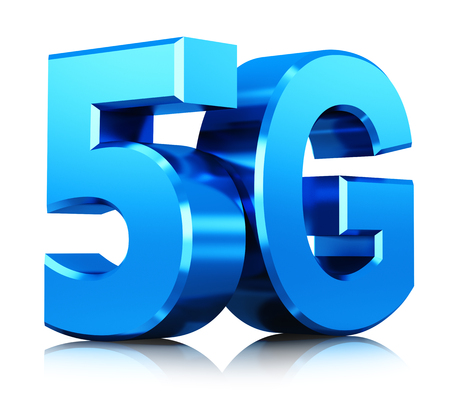 Creative abstract mobile telecommunication cellular high speed data connection business concept: 3D render illustration of blue metallic 5G wireless communication technology logo, symbol, icon or button isolated on white background with reflection effectの写真素材