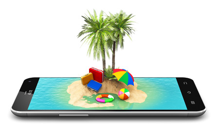 Creative abstract travel, tourism and holidays and vacations online booking concept: 3D render illustration of tropical island resort with blue sea ocean water, sand beach and palm trees on modern black glossy touchscreen smartphone screen or mobile phoneの写真素材