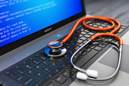 Creative abstract computer bug, virus and service, repair and maintenance technology concept: 3D render illustration of modern black metal glossy business laptop or notebook PC with error message on blue screen BSOD and red medical stethoscope on keyboardの写真素材