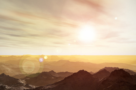 3D render illustration of abstract surrealistic Martian space landscape of mountainous Mars planet surfaceの写真素材
