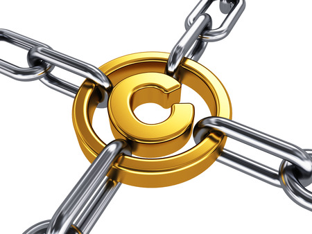Creative abstract intellectual property protection, patent and trademark law technology concept: 3D render illustration of shiny golden metallic copyright symbol with stainless steel chains isolated on white backgroundの写真素材