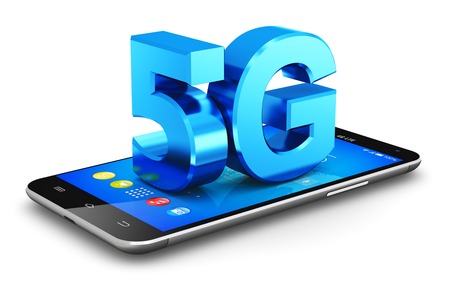 Creative abstract mobile telecommunication cellular high speed data connection business concept: 3D render illustration of blue metallic 5G wireless communication technology icon, symbol, icon or button on modern metal black glossy touchscreen smartphone の写真素材