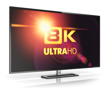 Creative abstract ultra high definition digital television screen technology concept: 3D render illustration of 8K UltraHD resolution TV cinema or computer PC monitor display isolated on white background with reflection effectの写真素材