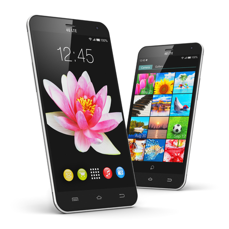 Creative abstract mobile phone wireless communication technology and mobility business office concept: 3D render illustration of the group of modern metal black glossy touchscreen smartphones with colorful application interface with color icons and buttonの写真素材