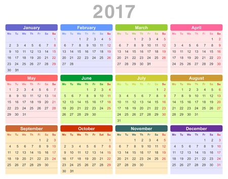 Color vector illustration of 2017 year annual calendar (Monday first, English) isolated on white backgroundのイラスト素材