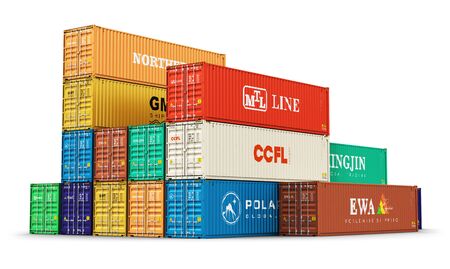 Creative abstract shipping, logistics and freight transportation commercial business trading industrial concept: 3D render illustration of the group of color 40 ft stacked metal heavy cargo containers isolated on white backgroundの写真素材