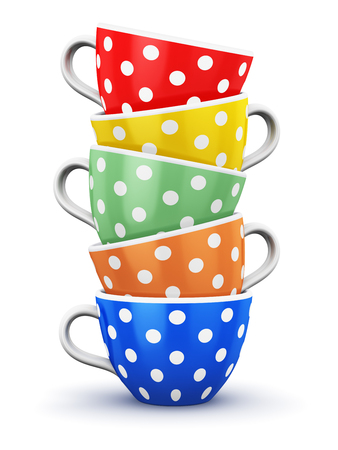 3D render illustration of the pile from color porcelain coffee cups or china drink mugs with colorful polka dot ornament and saucers isolated on white backgroundの写真素材