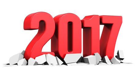 3D render illustration of creative abstract New Year 2017 beginning celebration concept on cracked surface isolated on white backgroundの写真素材