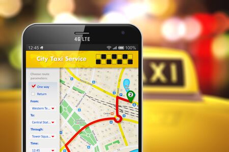 Creative abstract travel, tourism sightseeing and internet web taxi service app business transportation concept: 3D render illustration of modern metal black glossy touchscreen smartphone with online satellite GPS taxi application software on screen with の写真素材