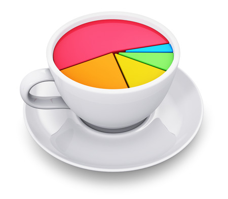 Creative abstract business success, banking, financial management and corporate accounting stock exchange market data and making money commercial concept: 3D render illustration of porcelain or china coffee cup or mug with color pie chart or graph isolateの写真素材