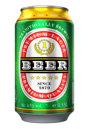Creative abstract 3D render illustration of metal beer can, bottle or tin alcohol drink object isolated on white backgroundの写真素材