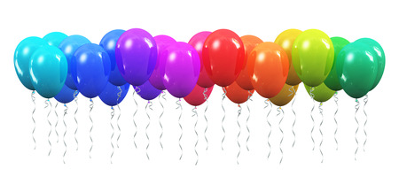 Creative abstract holiday celebration concept: 3D render illustration of rainbow color shiny transparent rubber inflatable air balloons or balls isolated on white backgroundの写真素材