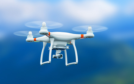Creative abstract 3D render illustration of professional remote controlled wireless RC quadcopter drone with 4K video and photo camera for aerial photography flying in the air outdoors with selective focus effectの写真素材