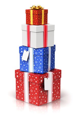 Creative abstract Christmas or Xmas, New Year or birthday tradition celebration concept: 3D render illustration of pile, heap or group of color red and blue gift or present box containers with shiny colorful metallic ribbon bows and label tags isolated onの写真素材