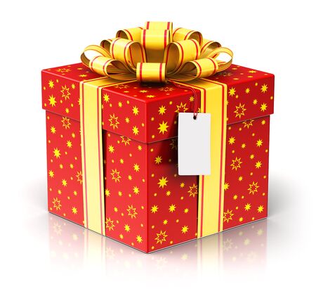 Creative abstract Christmas or Xmas, New Year or birthday tradition celebration concept: 3D render illustration of red color gift or present box container with shiny colorful metallic ribbon bow and label tag isolated on white background with reflection eの写真素材