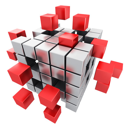 Creative abstract business teamwork, internet and communication concept: 3D render illustration of metal cubic structure with assembling red metallic cubes isolated on white backgroundの写真素材