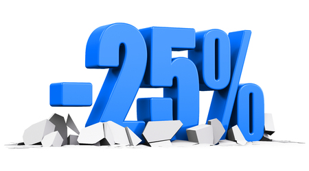 Creative abstract sale and discount business commercial advertisement concept: 3D render illustration of blue minus 25 percent sign or symbol price cut off text on cracked surface isolated on white backgroundの写真素材