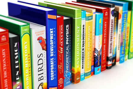 Creative abstract science, knowledge, education, back to school, business and corporate office life concept: 3D render illustration of the macro view of color hardcover books isolated on white background with selective focus effectの写真素材