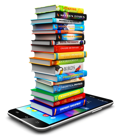 Creative abstract knowledge, education and e-learning internet web business communication concept: 3D render illustration of smartphone or mobile phone and stack or pile of color hardcover books isolated on white backgroundの写真素材