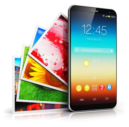 Creative abstract mobile digital photography and wireless internet web technology business concept: 3D render illustration of modern black glossy touchscreen smartphone or mobile phone and group of color pictures or photos isolated on white background witの写真素材