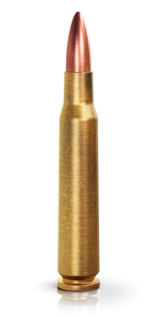Creative abstract war and automatic machine gun shooting or firing military ammo concept: 3D render illustration of metal brass cartridge shell with copper and lead bullet isolated on white background with reflection effectの写真素材
