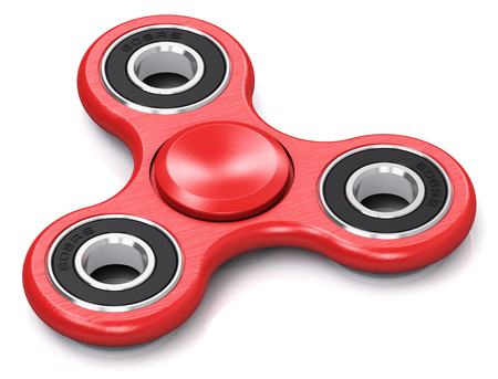 Creative abstract 3D render illustration of red metal fidget spinner toy isolated on white background with reflection effectの写真素材