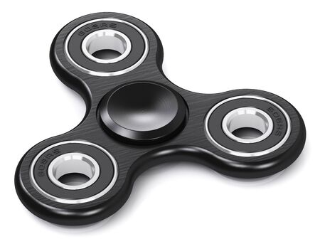 Creative abstract 3D render illustration of black metal fidget spinner toy isolated on white background with reflection effectの写真素材