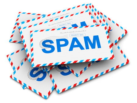 3D render illustration of the heap or stack of paper mail envelopes with spam text isolated on white backgroundの写真素材
