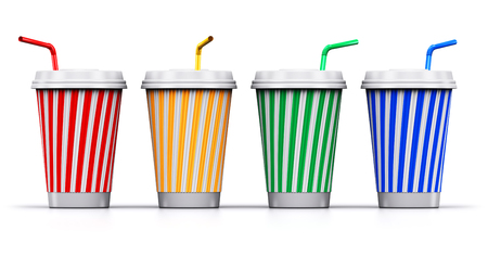 Creative abstract 3D render illustration of the set of color striped plastic or cardboard paper coffee, tea, cola or soda to go or take away drink cups or mugs with straws isolated on white background with reflection effectの写真素材