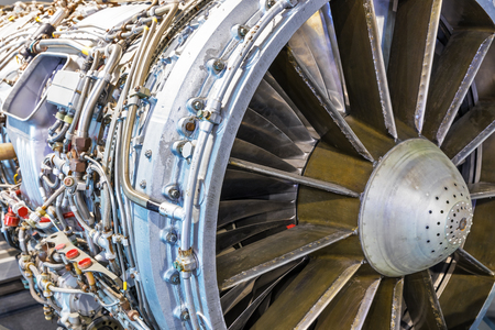 macro view of the airliner turbojet turbine engine equipment with selective focus effectの写真素材