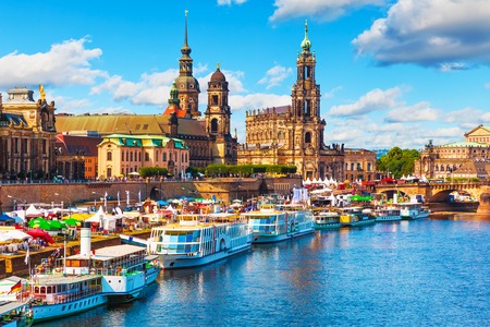 Scenic summer view of the Old Town architecture with Elbe river embankment in Dresden, Saxony, Germanyの写真素材