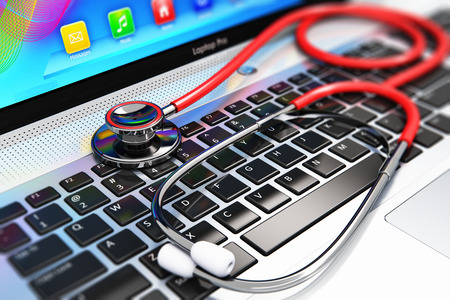 3D render illustration of the macro view of red stethoscope on business office laptop notebook...
