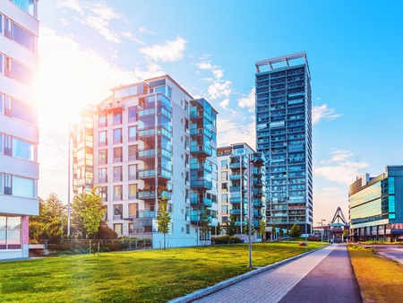 Scenic summer view of the modern architecture with business skyscrapers and apartment buildings in...