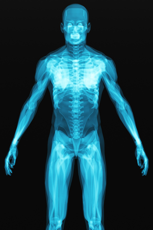 Creative abstract science, medicine and medical research scientific concept: 3D render illustration of human body with visible skeleton and muscles on black backgroundの写真素材